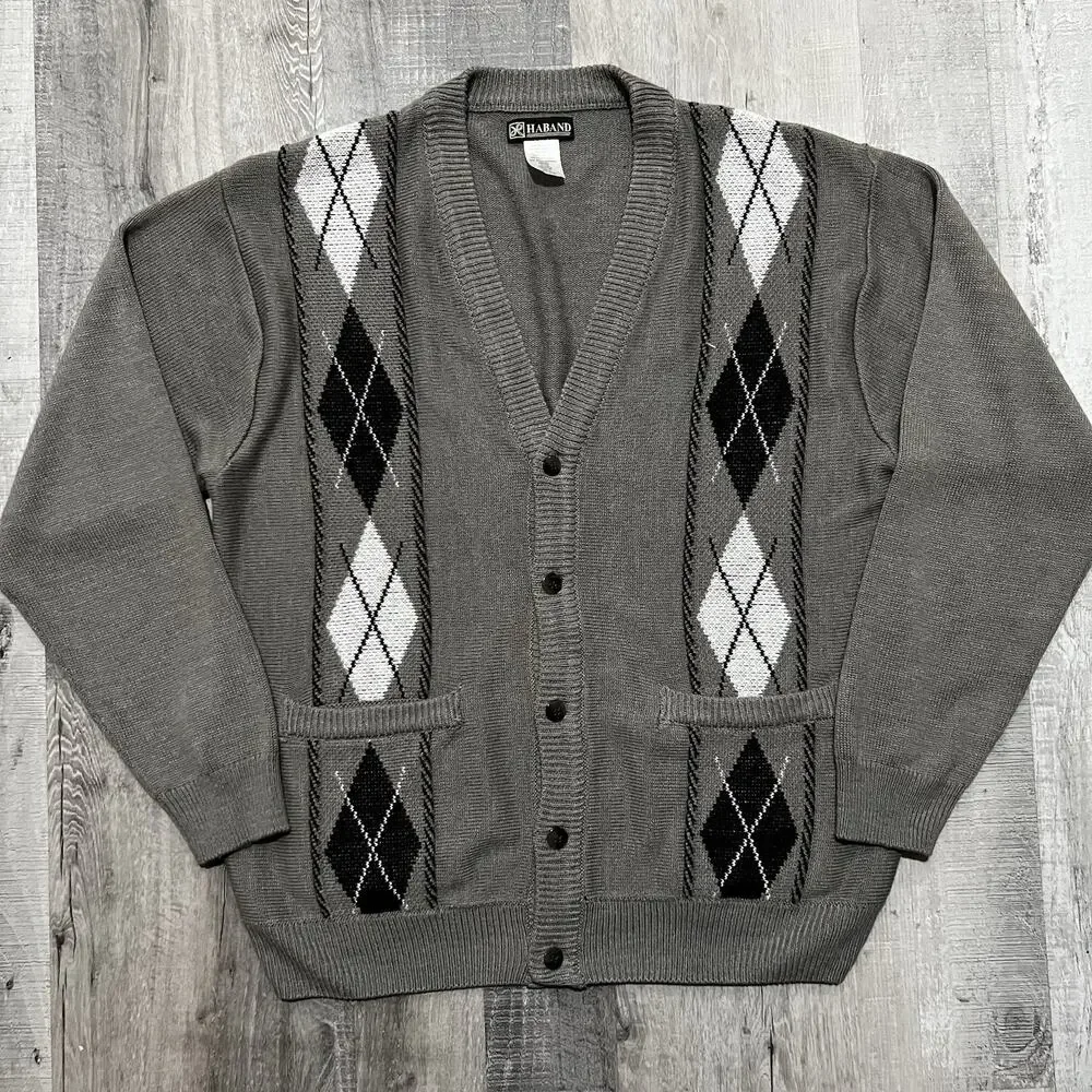 VTG Haband Argyle Knit Cardigan Sweater Grey Grandpa Golfing Pockets Men's XL
